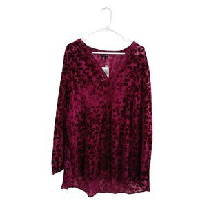 Torrid Womens 2X Burgundy Velvet Burnout Floral V-Neck Long Sleeve Top Blouse